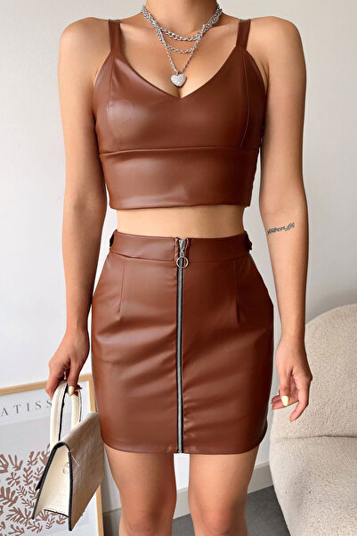 bacc Fustă maro din piele ecologică cu fermoar și buzunare pentru femei BCHN-2526768