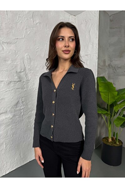 Elif Özbey Butik Anthracite Gold Buttoned Polo Neck Cardigan