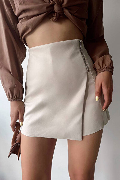 bacc Beige Zipper Detailed Suede Shorts Skirt Bc231014