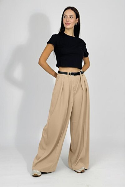 Betimoda Women's Pleated Pocket Belted Palazzo Trousers