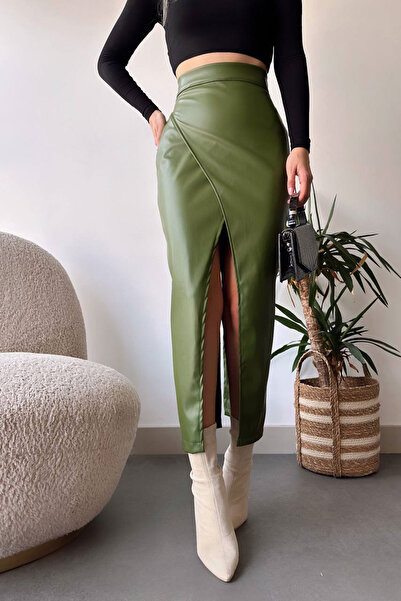 bacc Verde talie înaltă cu două rânduri de nasturi croială Fusta din piele artificială BCHN-25260083