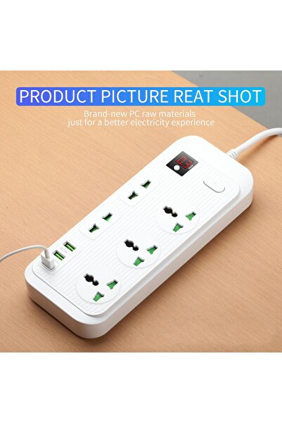 Zen Store شريط طاقة متعدد الرؤوس عالمي مع سلك بطول 2 متر، شاشة رقمية، 3 منافذ USB (أبيض)