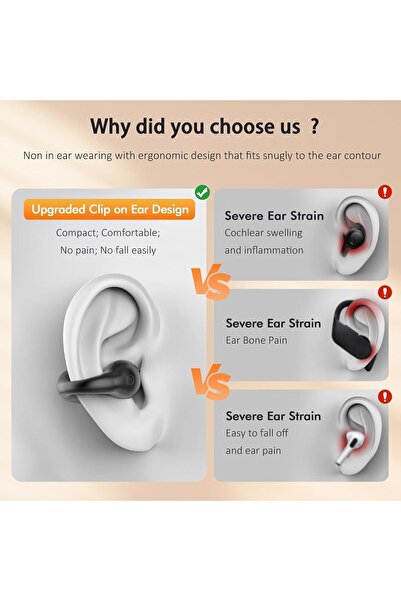 Zen Store BUABMEQ Clip-On Bluetooth 5.3 Open-Ear Earbuds Q71 with LED Case, IPX7 (Deep Black)