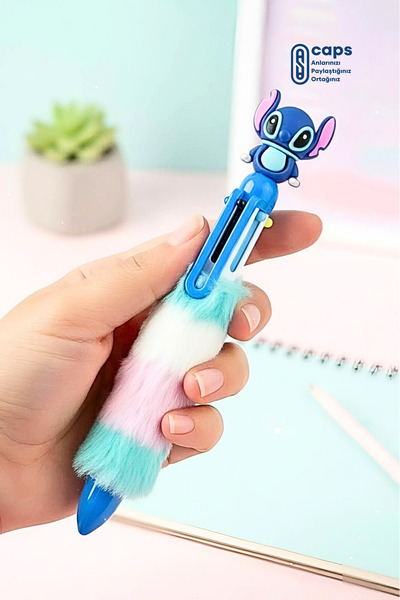 caps office Stitch Figürlü Peluş 6 Renkli Çoklu Tükenmez Kalem – Stitch Kırta...