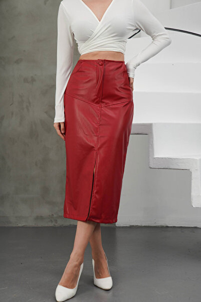 bacc Burgundy Midi Length Slit Faux Leather Skirt Bchn-2526428