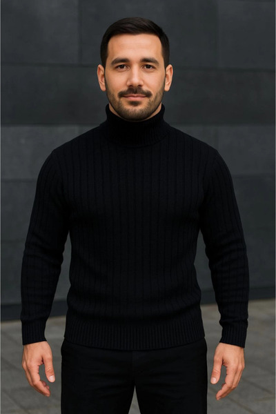 buğrahayalin Men's Turtleneck Knitted Sweater Cotton Thick Corded Fabric Weaving, Regular Fit Long K