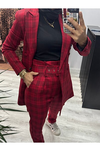 Lotus Boutique Kırmızı çizgili kemer detayli pantolon ceket takım