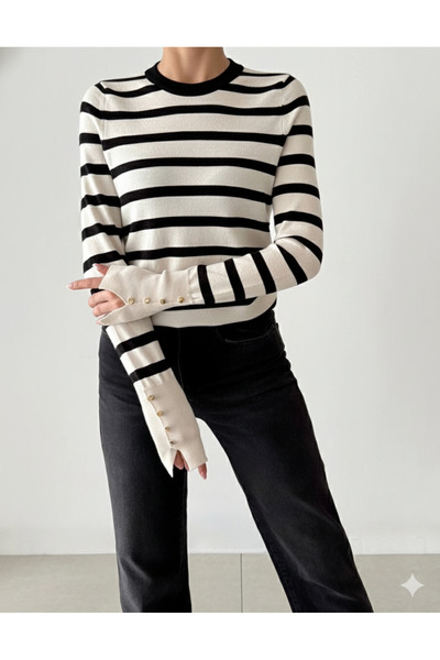 Mery Striped Buttoned Sleeve Knit Blouse