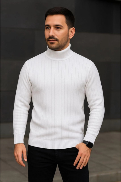 buğrahayalin Men's Turtleneck Knitted Sweater Cotton Thick Corded Fabric Weaving, Regular Fit Long K