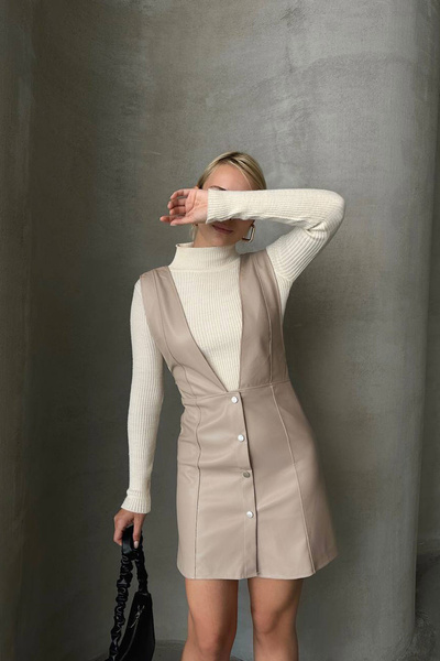 bacc Beige Button Detail Faux Leather Gilet Dress BCHN-2526796