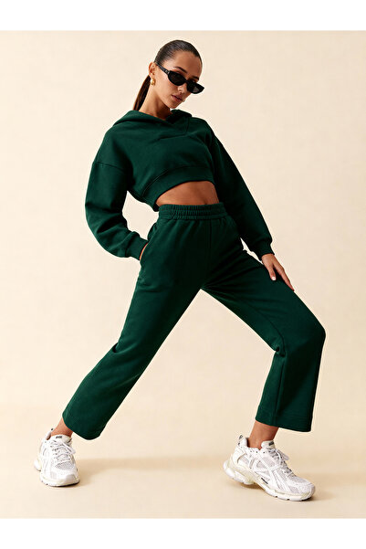 LAPS Casi̇ Women's Hooded V-Neck Pipe Leg Sweatpants Set