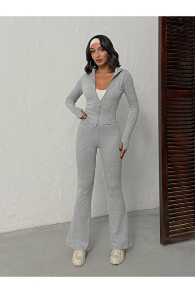 Butik Women's Gray Ribbed Fabric Suit with Slip-On Sleeves