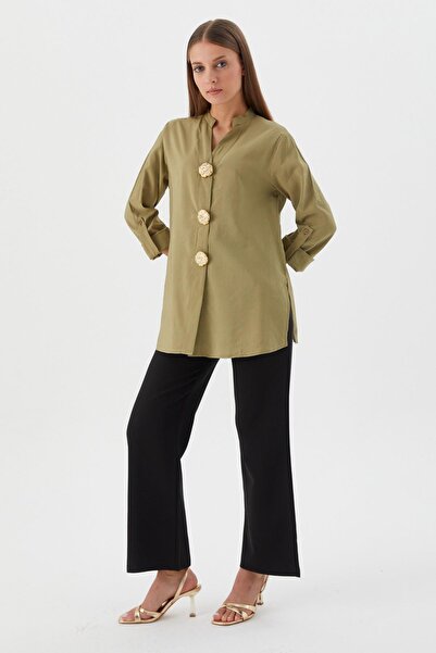 Shopping Shop Design Buttoned Tunic Shirt Khaki