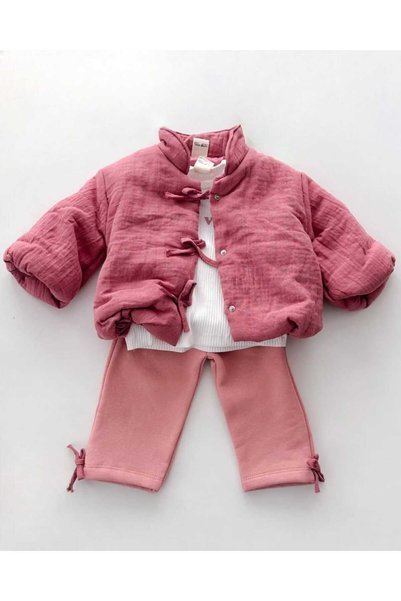 Mamman's Thick Winter 3-Piece Baby Girl Set, Muslin Surface Coat, 3 Thread Fleece-Lined Pants