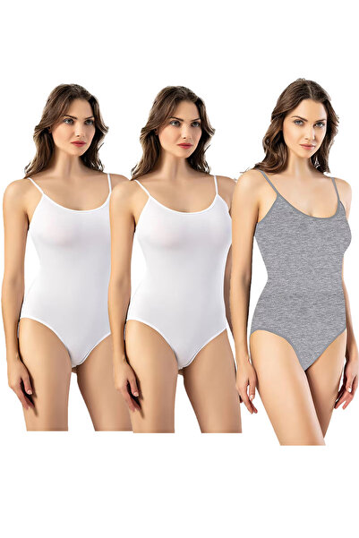 Pi Giyim 3-Pack Women's String Bodysuit with Hooks Combed Cotton 2 White 1 Gray