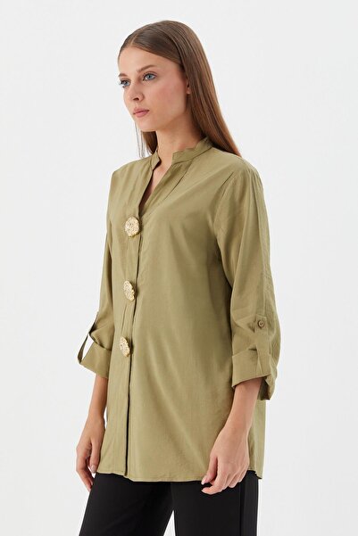 Shopping Shop Design Buttoned Tunic Shirt Khaki