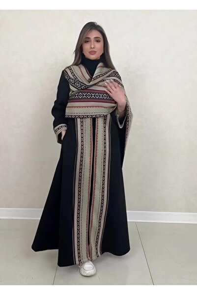 Abaya-AB Women's winter wool abaya embroidered with Sadu fabric and includes a shawl