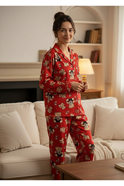 YusGos Women's Teddy Bear Teddy Bear Print Suede Button Pajamas Set (Red)