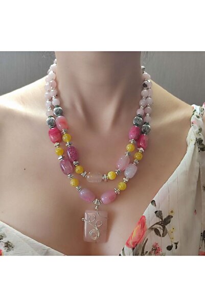 elinasaccessories Akik kuvars taşlı tasarım kolye, 2li doğal taş kolye, günde...