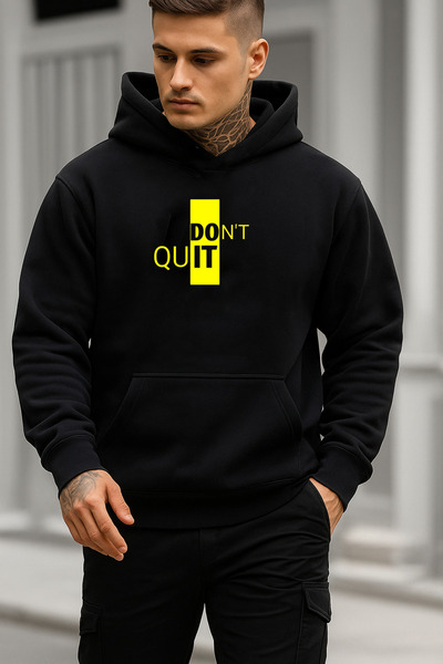 DEEPSENCE Unisex Black Hooded Oversized Sweatshirt Yellow Don Quit Logo
