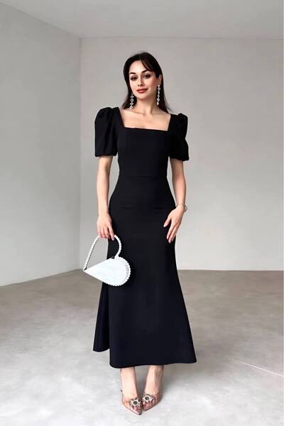 Varyete Balon Kol Midi Boy Atlas Kumaş Yırtmaçlı Elbise Düğün Nişan Söz Mezuniyet