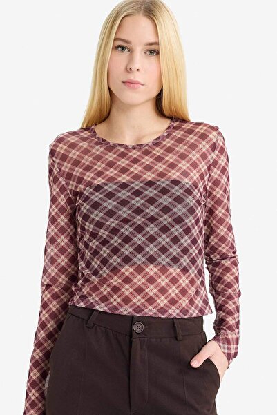 DeFacto Coool Fitted Checkered Tulle Long Sleeve T-Shirt G3024Ax25Wn