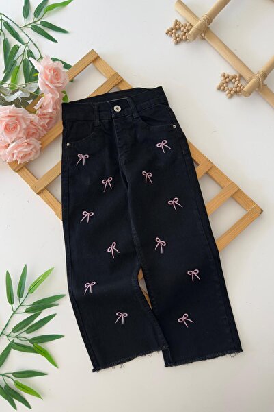 Minigimin Cicileri Pantaloni din denim moale pentru fetiță cu detaliu brodat cu funde - negru