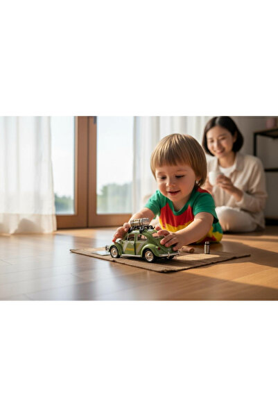 BuradaBuldun سيارة معدنية كلاسيكية مضيئة مع صوت - بيتل ريترو مع حقيبة خضراء