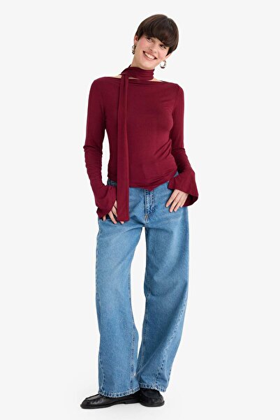 DeFacto Slim Fit Slim Fit Boat Neck Shawl Detail Long Sleeve Blouse G5984Ax25Wn