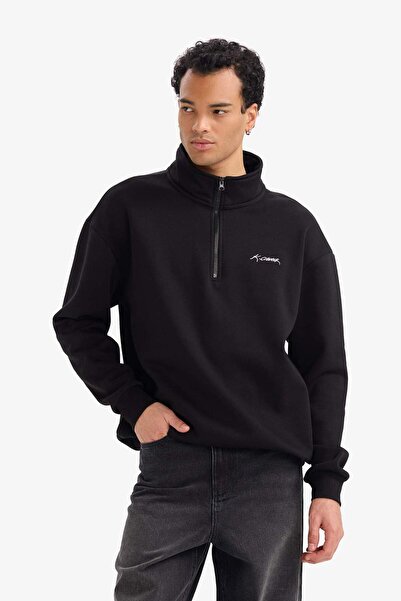 DeFacto Boxy Fit Mock Neck Ataturk Printed Half Zipper Sweatshirt G6506Ax25Wn