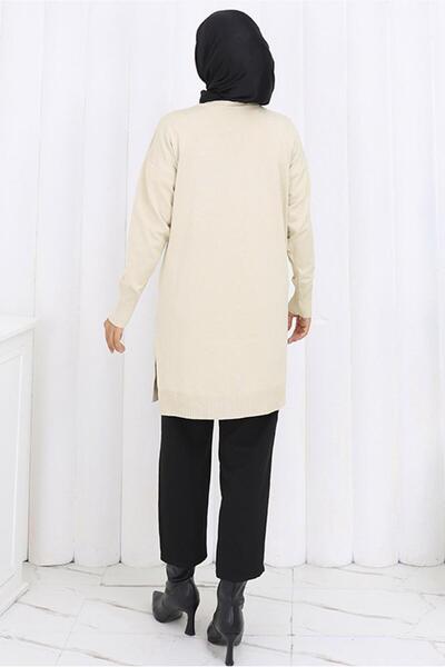 TRENDTESETTÜR Women's Beige (Stone) Baklava Patterned Long Cardigan t 6423