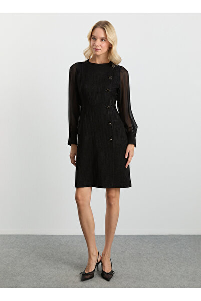 Selen Yuvarlak Yaka Desenli Siyah Standart Kadın Elbise 25KSL7710