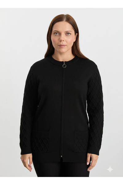 Selen Siyah Kadın Bisiklet Yaka Normal Baklava Hırka 25KSL4170