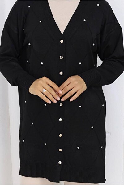 TRENDTESETTÜR Women's Black Baklava Patterned Long Cardigan t 6423