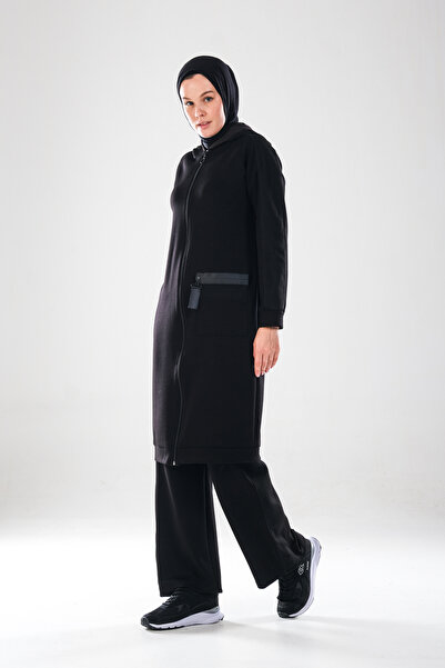 Plistre 2282_Women's Mesh Detailed Hooded Zipper Hijab Cap-Tube Leg Pants 2-Piece Sports Set, Black