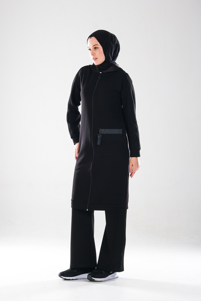 Plistre 2282_Women's Mesh Detailed Hooded Zipper Hijab Cap-Tube Leg Pants 2-Piece Sports Set, Black