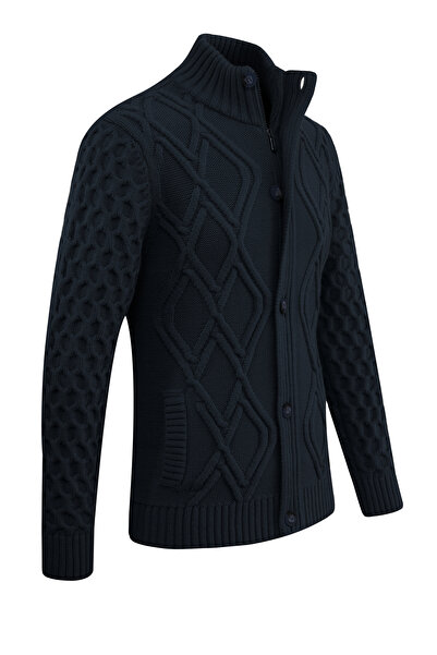 Çizgi Triko Men's Thick Knitwear Cardigan Classic Fit with Buttons and Zippered Pockets - 5248m