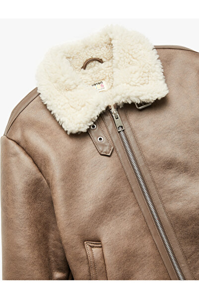 Koton Plush Collar Long Sleeve Pocket Zipper Faux Leather Jacket