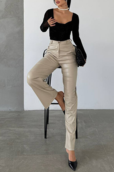 MILANOFOX Women's Beige Palazzo High Waist Faux Leather Wide Leg Pocket Detailed Knitted Trousers