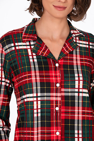 Kompedan Kadın Süet Önden Düğmeli Pijama Takımı | Yeşil Ekose