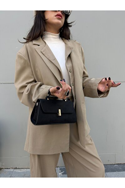 Çanta Trend حقيبة يد وكتف نسائية سوداء من جلد الغزال