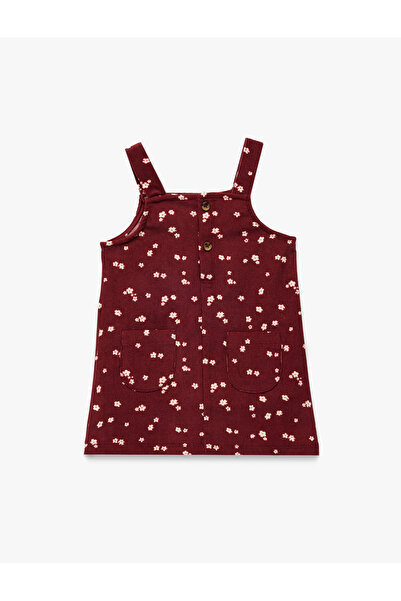 Koton Square Neck Strap Pocket Detail Buttoned A-Line Floral Dress