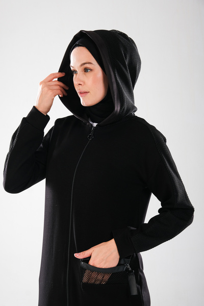 Plistre 2282_Women's Mesh Detailed Hooded Zipper Hijab Cap-Tube Leg Pants 2-Piece Sports Set, Black
