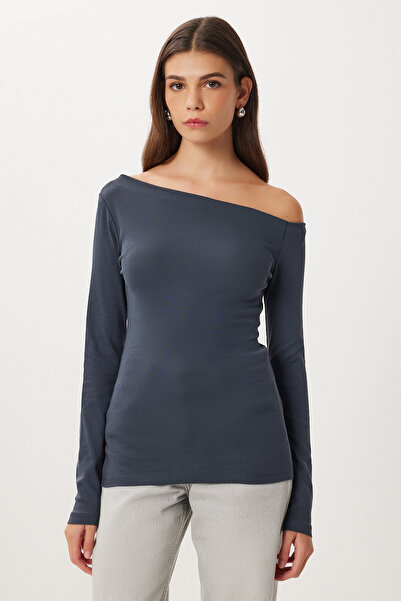 Lovelyİstanbul Open Shoulder Gathered Knitted Blouse Lub0269 Anthracite