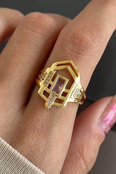 TAKIŞTIR خاتم قابل للتعديل بتفاصيل حجرية وردية اللون ذهبي اللون