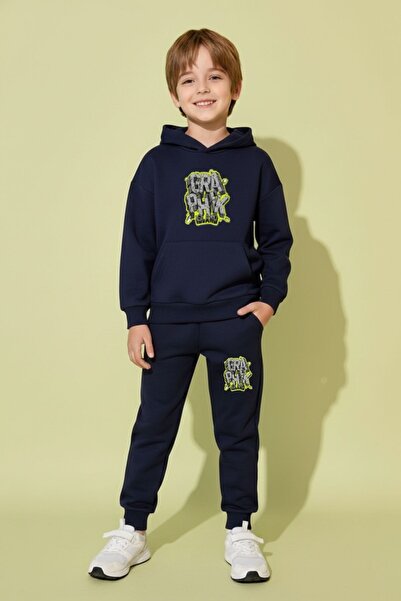 cm buseyiz Printed Hooded Kangaroo Pocket Boys' Tracksuit Set