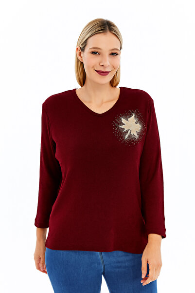 Curvy Trend Plus Size Sycamore Leaf Applique Stone Blouse