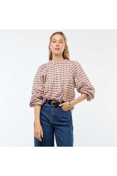 KİABİ Button-Neck Plaid Blouse BEIGE