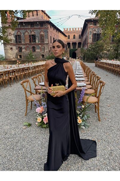 theanemos Sırt Dekolteli Şal Detaylı Saten Elbise - Siyah