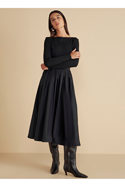 BROOKS BROTHERS Normal Bel Siyah Kadın Midi Etek Tafta Büzgülü Maksi Etek